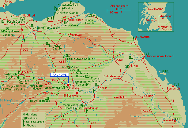 Location map of Fauhope, Melrose, Scottish Borders, Scotland